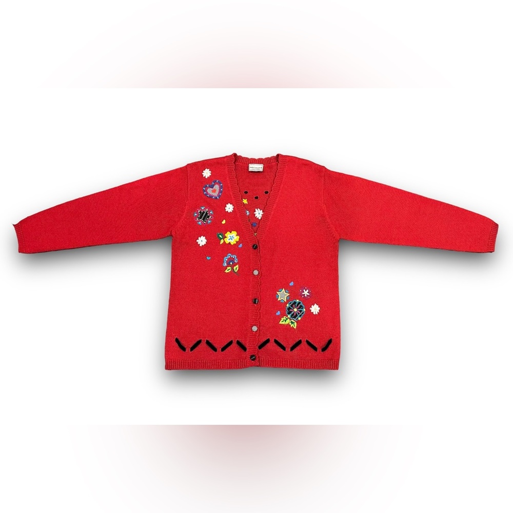 Napa Valley Petites Embroidered Novelty Cardigan Artsy Patchwork Sweater Hearts